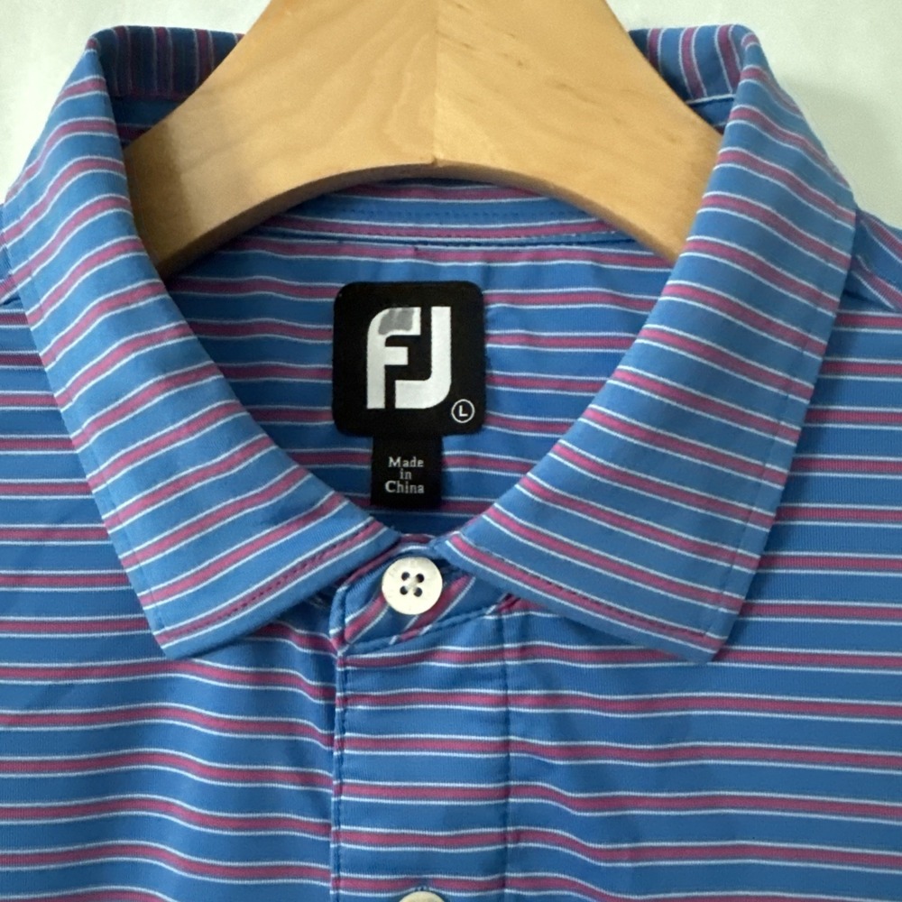 Footjoy Polo Shirt Mens LG Blue/Pink STRIPE Golf Performance SS Polo